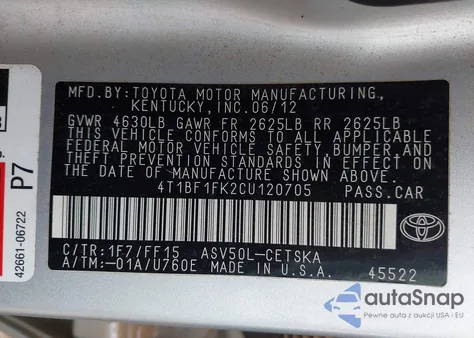 2012 Toyota Camry Se from USA, damaged, VIN 4T1BF1FK2CU120705